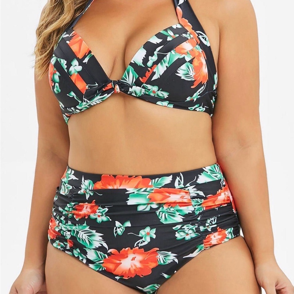 Floral Halter Bikini Set - Black and Red